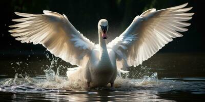 a Shining white feathered swan sitting on a green lake, AI Generative photo