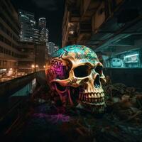 In the depths of a cyberpunk city, a robotic skull rests on a graffiti covered rooftop, AI Generative photo