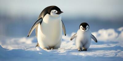 Baby penguin and his mother walking in the snow, AI Generative photo