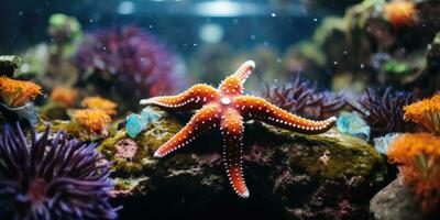 un hermosa estrella de mar alrededor muy hermosa coral arrecife ai generativo foto