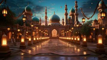 a picture of a mosque adorned with lanterns, AI Generative photo