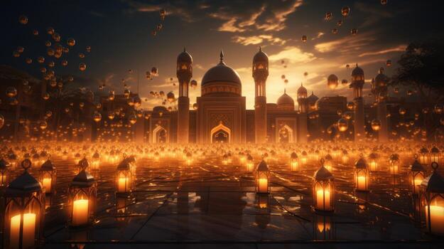 a picture of a mosque adorned with lanterns, AI Generative photo