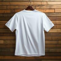 A view from back Luxurious plain white oversize t-shirt mockup with a hanger hanging on a wooden background, AI Generative photo