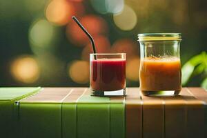 two glasses of juice on a table. AI-Generated photo