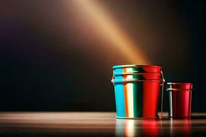 two paint buckets on a table with a light shining on them. AI-Generated photo