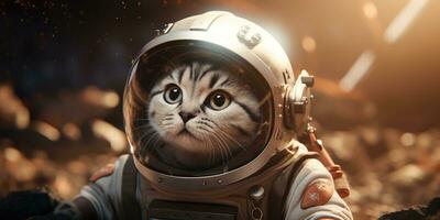 un linda gato en un astronauta traje es volador en el luna, ai generativo foto