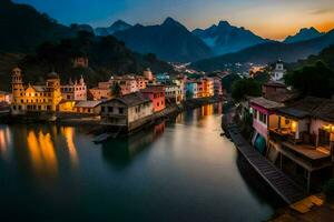 photo wallpaper the sky, mountains, river, houses, town, sunset, the city, the. AI-Generated