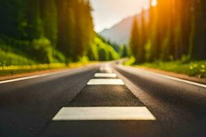 a road with a white line on it in the middle of a forest. AI-Generated photo