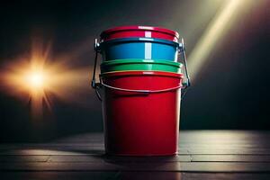 a stack of three colorful buckets on a wooden floor. AI-Generated photo