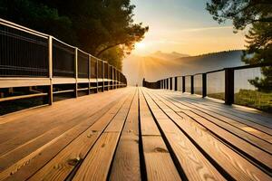 a wooden walkway leads to the sun. AI-Generated photo