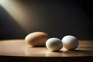 two eggs on a table with a light shining on them. AI-Generated photo