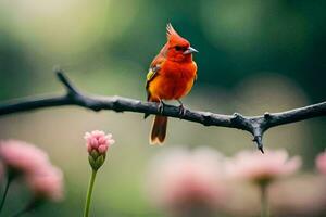 a red bird sits on a branch with pink flowers. AI-Generated photo