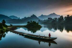 un hombre soportes en un barco en el medio de un lago a amanecer. generado por ai foto