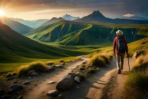a man with a backpack walks on a dirt road in the mountains. AI-Generated photo
