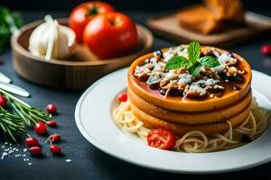 a stack of spaghetti with cheese and tomatoes. AI-Generated photo