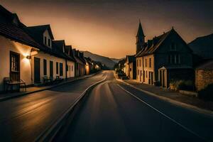 a long exposure photograph of a street in a town. AI-Generated photo