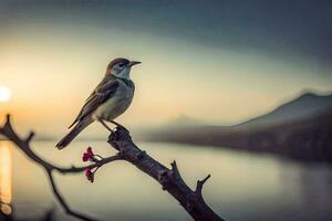 a bird perched on a branch in front of a lake. AI-Generated photo