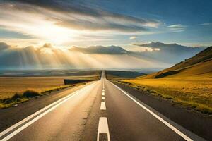 un largo la carretera con Dom rayos brillante abajo en él. generado por ai foto