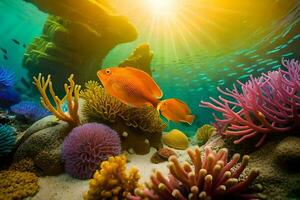 photo wallpaper sea, coral, fish, sun, coral reef, fish, coral reef, fish. AI-Generated