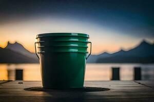 a green bucket sitting on a dock at sunset. AI-Generated photo