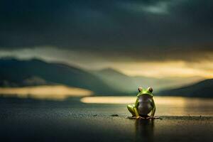 a frog sitting on the edge of a lake at sunset. AI-Generated photo