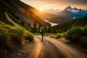 a man walking down a dirt road in the mountains. AI-Generated photo