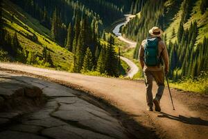 a man with a backpack and hiking poles walks down a mountain road. AI-Generated photo