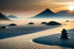 the sunrise over the desert with stones stacked on top of sand. AI-Generated photo