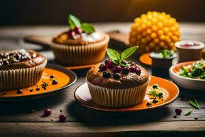 three muffins sit on plates with toppings. AI-Generated photo