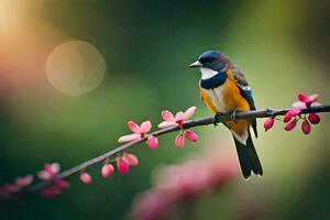 a bird sitting on a branch with pink flowers. AI-Generated photo