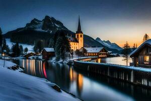 un Iglesia y un río en el nieve. generado por ai foto