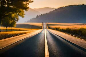 un largo vacío la carretera en el medio de un campo. generado por ai foto