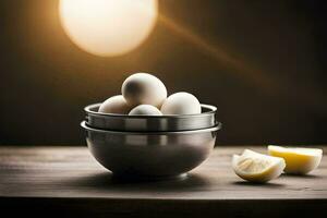 a bowl of eggs and a slice of lemon. AI-Generated photo