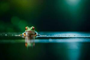 un rana sentado en el agua con un verde antecedentes. generado por ai foto