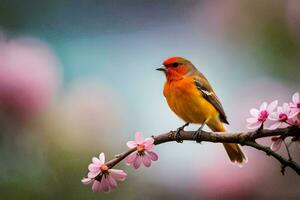 a small orange bird sits on a branch with pink flowers. AI-Generated photo