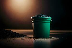 a bucket of black soil sitting on a table. AI-Generated photo