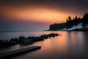 a long exposure photograph of a dock and trees on the shore of a lake. AI-Generated photo