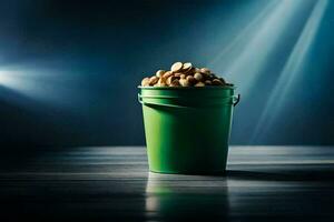 a bucket filled with peanuts on a wooden table. AI-Generated photo