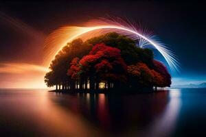 a colorful tree is in the middle of a lake. AI-Generated photo