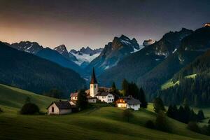un pequeño pueblo en el montañas con un iglesia. generado por ai foto