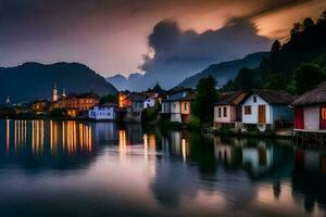 photo wallpaper the sky, mountains, lake, houses, the dark, the sky, the mountains. AI-Generated