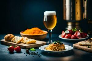 un mesa con pasta, un pan y un vaso de cerveza. generado por ai foto