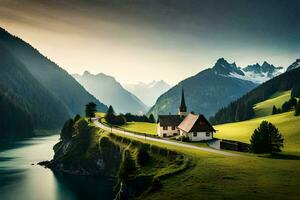 un Iglesia en un colina con vista a un lago. generado por ai foto