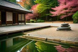 un japonés jardín con un estanque y un Roca pared. generado por ai foto