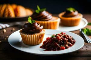 cupcakes with chocolate frosting and cherry jam on a white plate. AI-Generated photo