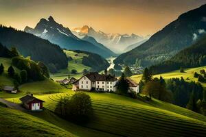 a house sits on a hillside in the middle of a green valley. AI-Generated photo