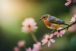 a bird sits on a branch with pink flowers. AI-Generated photo