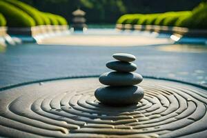 a stone stack sits on top of a circular pond. AI-Generated photo