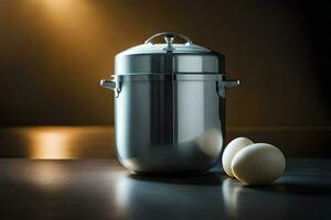 a stainless steel pot with two eggs on a table. AI-Generated photo