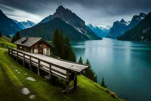 a cabin sits on a wooden bridge overlooking a lake. AI-Generated photo